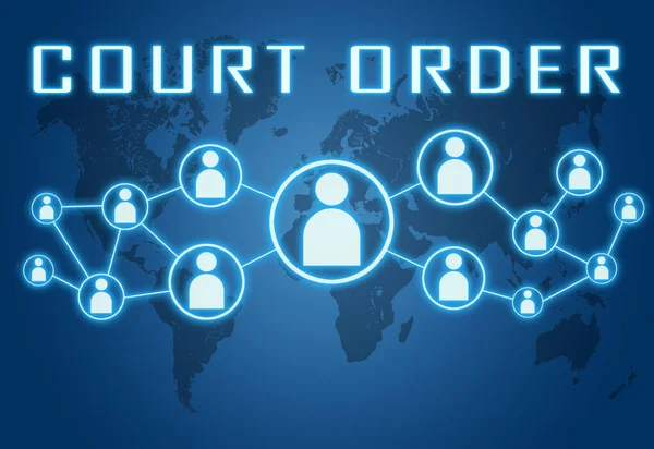 Court Order Koncept Textu Modrém Pozadí Mapou Světa Sociálními Ikonami — Stock fotografie