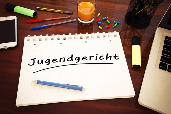 Jugendgericht German Word Juvenile Court Handwritten Text Notebook Desk Render — Stock Photo, Image