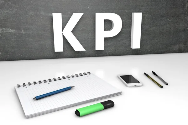 Kpi Key Performance Indicator Concetto Testo Con Lavagna Notebook Penne — Foto Stock