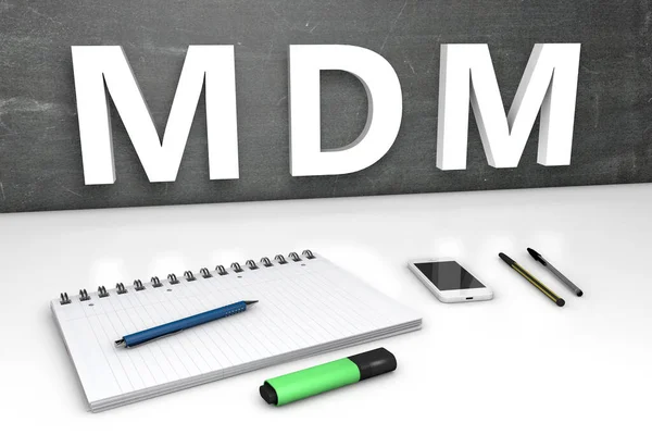 Mdm Mobile Device Management Koncepcja Tekstowa Tablicą Notebookiem Długopisami Telefonem — Zdjęcie stockowe