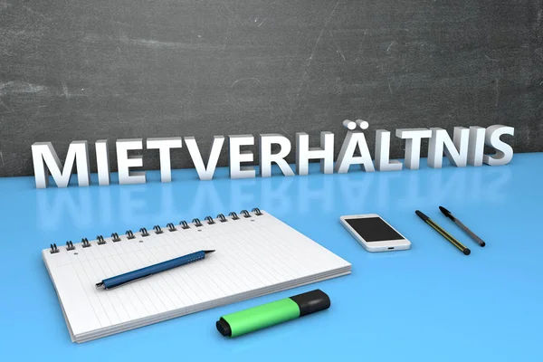 Mietverhaeltnis German Word Tenancy Text Concept Chalkboard Notebook Pens Mobile — Stock Photo, Image