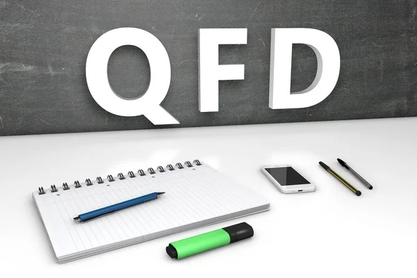 Qfd Quality Function Deployment Concetto Testo Con Lavagna Notebook Penne — Foto Stock