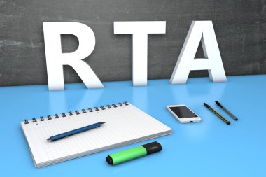 RTA - Real Time Reklamcılık - karatahta, defter, kalem ve cep telefonlu metin kavramı. 3 Boyutlu resimleme.