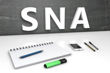 SNA - Sistem Ağı Mimarisi - yazı tahtası, defter, kalem ve cep telefonlu metin kavramı. 3 Boyutlu resimleme.
