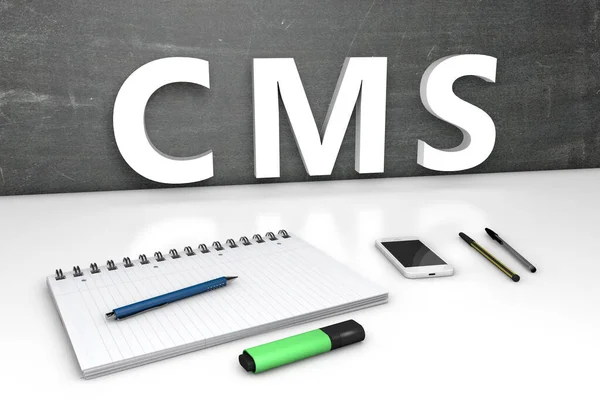 Cms Content Management System Text Concept Chalkboard Notebook Pens Mobile — Stock Photo, Image