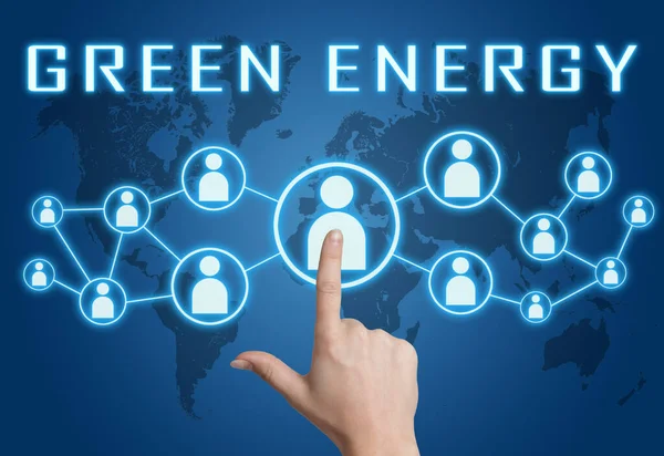 Grön Energi Text Koncept Med Hand Trycka Sociala Ikoner Blå — Stockfoto