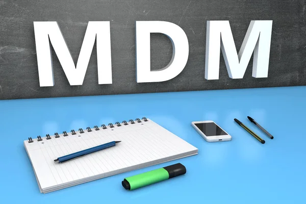 Mdm Mobile Device Management Koncepcja Tekstowa Tablicą Notebookiem Długopisami Telefonem — Zdjęcie stockowe