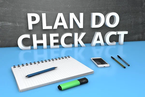 Pdca Plan Check Act Text Concept Chalkboard Notebook Pens Mobile — Stock Photo, Image