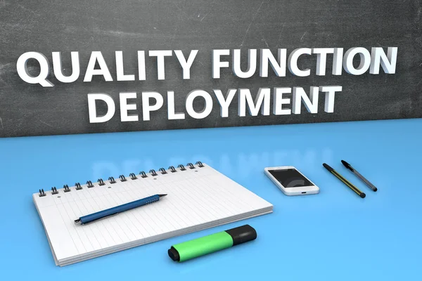 Qfd Quality Function Deployment Text Concept Chalkboard Notebook Pens Mobile — Stock Photo, Image