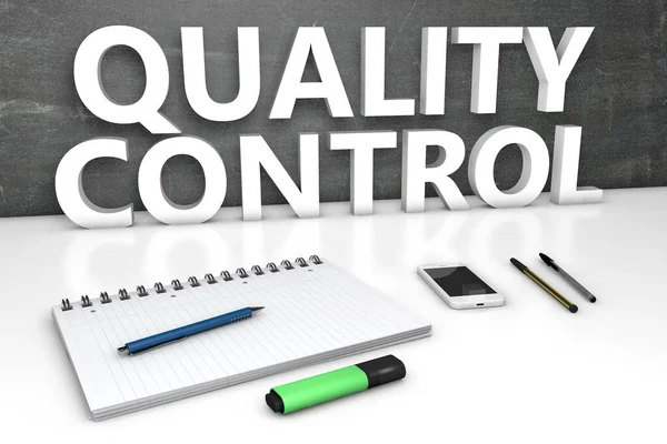 Quality Control Text Concept Chalkboard Notebook Pens Mobile Phone Render — Stock Photo, Image