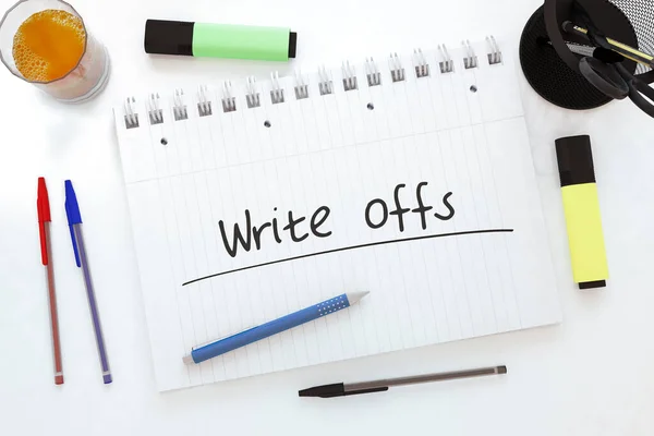 Write offs - handwritten text in a notebook on a desk - 3d render illustration.