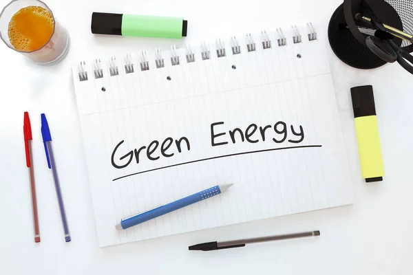 Green Energy Ręczny Tekst Notatniku Biurku Ilustracja Renderowania Obrazy Stockowe bez tantiem