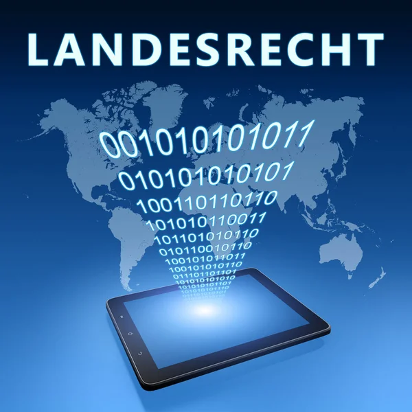 Landesrecht 德语单词代表国家法律奥尔德州法律 蓝色沃尔德地图背景上平板电脑的文本概念 3D渲染说明 图库图片