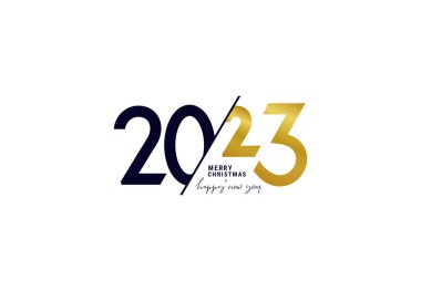 Moda logosu 2023 Mutlu Yıllar metin tasarımı. 2023 numara tasarım şablonu. 2023 Mutlu Yıllar sembolleri. Beyaz arkaplanda siyah ve altın etiketli vektör illüstrasyonu.