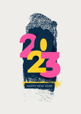 Yeni Yıl 2023 logo tasarımınız kutlu olsun. Vektör çizimi. Grunge Mutlu Yıllar metin sembolleri. 2022 numara tasarım şablonu. Yeni yıl tatili için dekorasyon dairesi. Sarı ve pembe etiketli vektör.