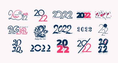Mega logo dizaynı 2022 Mutlu Yıllar. 2022 numara tasarım şablonu. Vektör koleksiyonu 2022 mutlu yeni yıl sembolleri. Dekoratif Noel elementleri beyaz arkaplanda mavi ve pembe etiketler izole edilmiş