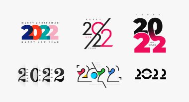 2022 Mutlu Yıllar posterlerinin yaratıcı konsept logo tasarımı. Kutlama ve sezon dekorasyonu için tipografi logosu 2022 olan şablonlar. Markalaşma, kapak, kart, pankart için minimalist moda.
