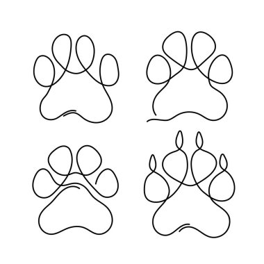 Pati pedi çiziminin sürekli bir çizgisi. Köpek pençesi çizimi. Pençeli ayak izi. Beyaz arkaplanda izole.