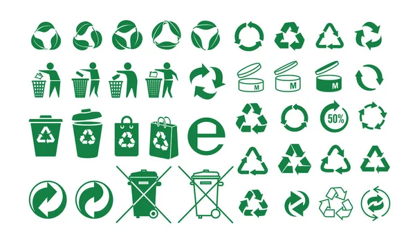 パッケージ製品の設計のためのベクトル記号と記号の大きなセット 輸送中の商品やリサイクルの兆候に関する情報 緑のシンボルを収集します リサイクルといくつかの包装記号 — ストックベクタ