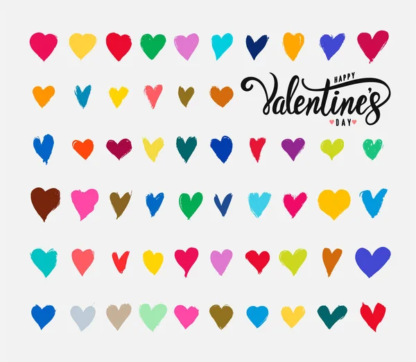 Všechno Nejlepší Valentýnovi Ručně Psaný Typografický Plakát Sada Barevných Srdcí — Stockový vektor