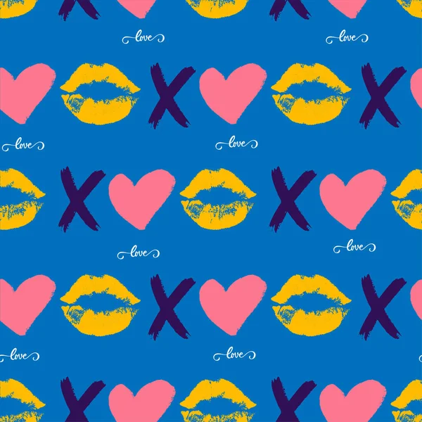 Seamless Pattern Lips Print Xoxo Written Colored Lipstick Hearts Valentines — Stock Vector
