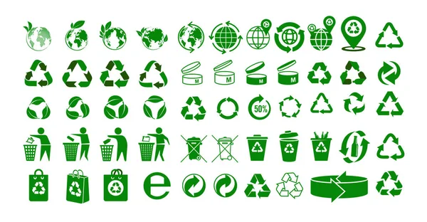 一套标志绿色生态包装 可循环标记的向量平面图标 收集绿色符号 回收和一些包装标志 因白人背景而被隔离 — 图库矢量图片