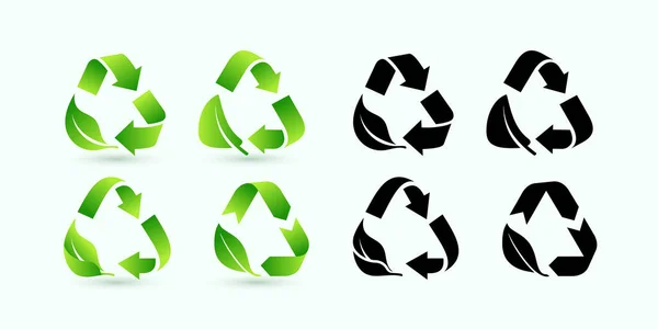 一套绿色叶子的循环利用符号和图标 回收生态标志 矢量显示新鲜环保标志绿色和黑色设计模板标签 因白人背景而被隔离 — 图库矢量图片