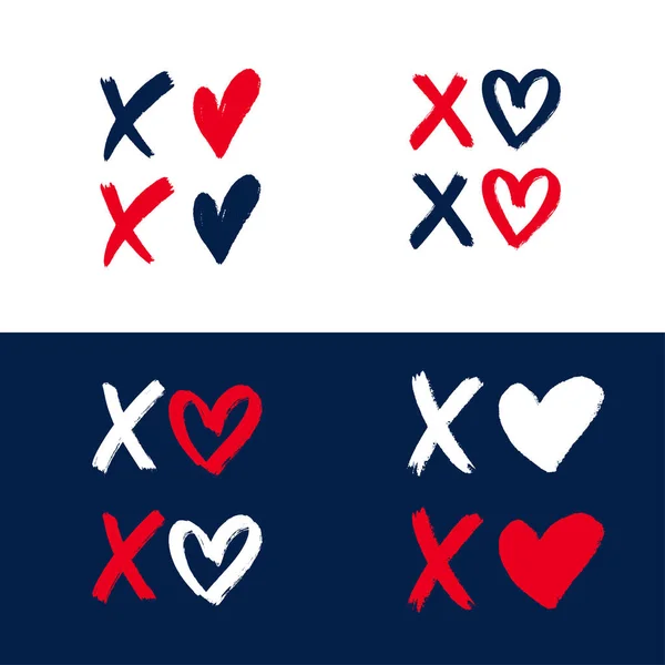 徐徐手绘了一句话 一套吻的标志 标志与红蓝的心和交叉 笔刷笔划字母X O亲吻符号 情人节贺卡 Grunge向量 — 图库矢量图片