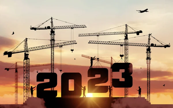 轮廓工作人员的工作是为迎接新的2023年做好准备 在大型建筑工地上 许多建筑用起重机设定了编号2023 建筑团队设定了2023年新年的数字 — 图库矢量图片