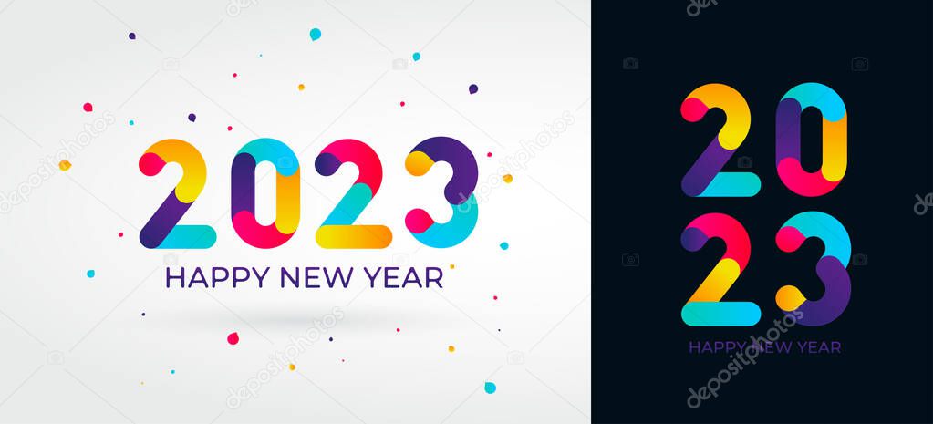 2023 New Year numbers with gradient color. 2023 Happy New Year logo text design. Vector number design template. Greeting card template. Christmas symbols for your design. Illustration with labels.
