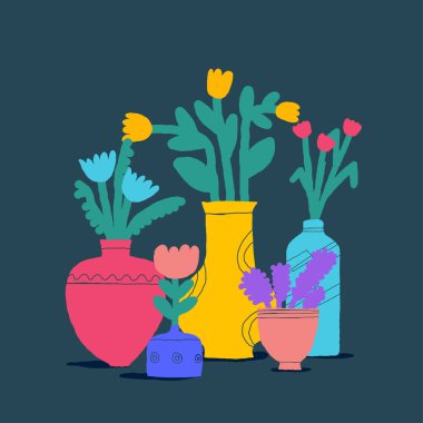 Soyut bitkiler. El çizimi renkli çocuksu sanat eserleri. Saksıda çeşitli evcil çiçekler. Çiçek tasarımı, saf sanat, renkli moda. Vektör illüstrasyonu beyaz arkaplanda izole edildi.