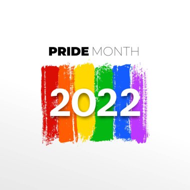 Gökkuşağı renkleri çizimi 2022 Gurur Ayı metinleriyle fırça darbesi. LGBTQ topluluğunun gurur ayındaki tasarımı. Vektör çizimi. Beyaz arkaplanda izole.