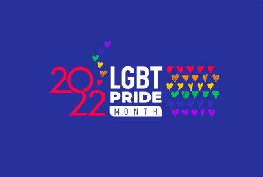 Haziran 'da Gurur LGBT Ayı. Vektör 2022 logo lezbiyen biseksüel transseksüel. Yılda bir kez kutlanır. Bayrak gökkuşağı aşk kavramı. İnsan hakları ve hoşgörü. Poster illüstrasyon kartı, afiş ve arkaplan.