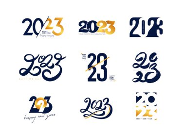2023 Mutlu Yıllar logosu tasarımının yaratıcı seti. 2023 numaralı tasarım şablonu. Noel süslemesi 2023 Mutlu Yıllar sembolleri. Altın etiketli vektör çizimi. Beyaz arkaplanda izole.