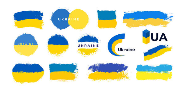 Кисть с национальным сине-желтым флагом Украины. Большой набор гранжевых акварельных флагов, сердца Украины. Коллекционный символ, плакат, баннер государственного флага. Векторный стиль