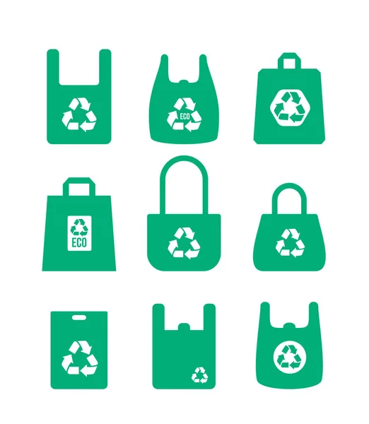 Conjunto Eco Reciclado Bolsa Plástico Plana Icono Diseño Verde Bolsas — Archivo Imágenes Vectoriales