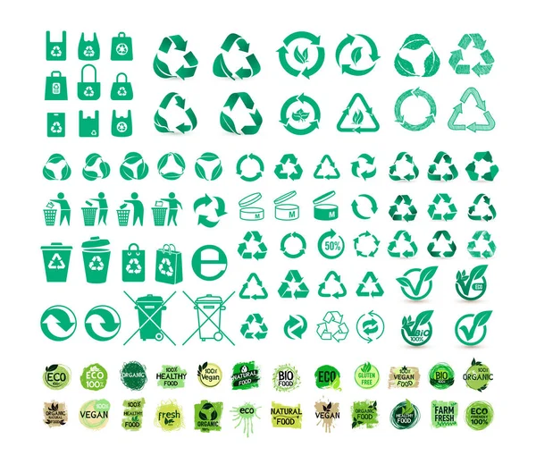 Mega Set Van Prullenbak Pictogram Recycle Recycling Groene Symbolen Recycle — Stockvector