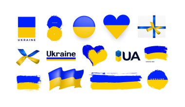 Ukrayna ulusal mavi ve sarı bayrak ile büyük bir fırça seti. Grunge suluboya bayrağı, Ukrayna 'nın kalbi. Sembol, poster, ulusal bayrağın bayrağı. Vektör biçimi suluboya çizimi.