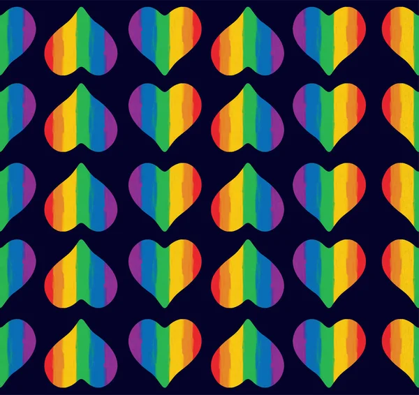 正方形の濃い青の背景に垂直ストライプの虹の心のシームレスなパターン 色絵で作られた心 ベクターイラスト — ストックベクタ