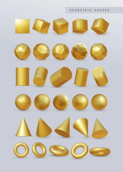 Große Menge Gold Geometrie Vektor Realistische Renderquadrate Kugel Pyramide Polyeder — Stockvektor