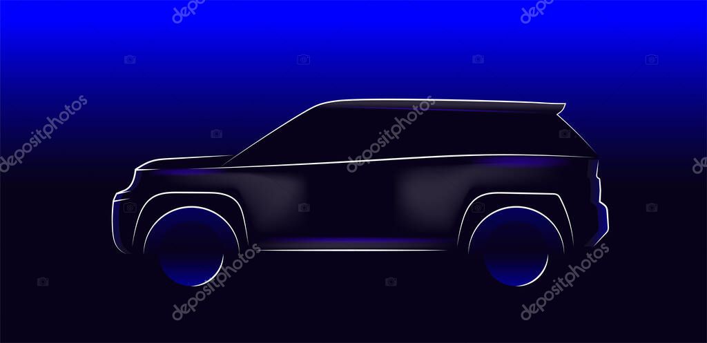 Off road car full size SUV lit in the dark. Car silhouette made from lines, side view. Modern white neon car silhouette for logo, banner for marketing advertising design. Realistic vector illustration