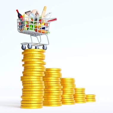 3D gıda üreten enflasyon, CPI tüketici fiyat endeksi. Yaşam göstergesinin artan grafik maliyetiyle alışveriş arabası vagonu. Yükselen gıdalar maliyeti ve market fiyatı. Beyaz arkaplanda fiyat artışı kavramı.