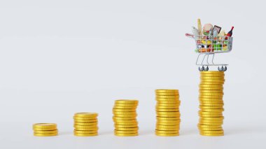 Paralı araba. Fiyat artışı konsepti. Alışveriş sepetinin yüksek fiyatları. Artan fiyatlar ve enflasyon kavramını simgeleyen madeni para yığınları. 3d gerçekçi canlandırma çizimi.