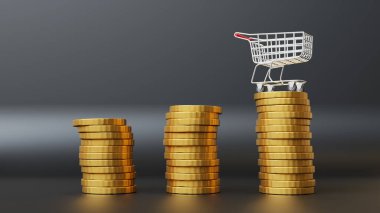 Gıda enflasyonu, CPI tüketici fiyat endeksi. Yaşam göstergesinin artan grafik maliyetiyle alışveriş arabası vagonu. Yükselen gıdalar maliyeti ve market fiyatı. Siyah arka planda fiyat artışı kavramı. 3B görüntüleme.