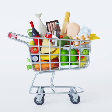 Beyaz arka planda izole edilmiş yiyecek dolu alışveriş arabası. Market ve gıda dükkanı konsepti. Taze ürünleri ve kırmızı saplı market arabası. Gerçekçi market arabası 3D çizim çizimi.