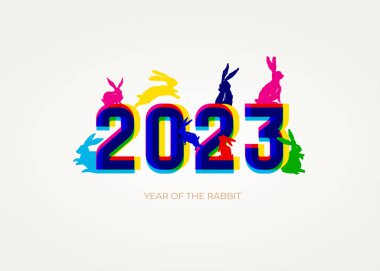2023 yıllık tavşan. 2023 noel renkli şirin tavşancıklar, fırçayla boyanmış. Çin Yeni Yıl sembolü. Bayram tebrik kartı. Vektör illüstrasyonu beyaz arkaplanda izole edildi.