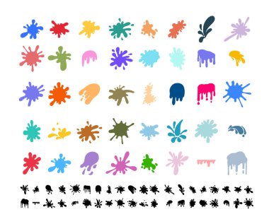 Renkli büyük boya seti. Yuvarlak, renkli, düz, dekoratif şekilli sıvılar. Farklı sıçramalar ve damlalar, çizgi film tarzı sıçramalar. Leke renkli mürekkep koleksiyonu. Vektör illüstrasyonu.