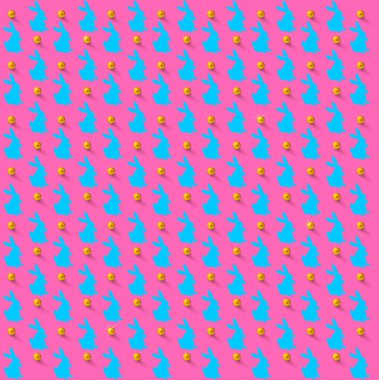 Mavi tavşanlı altın yuvarlak balonlar. Duvar kâğıdı, ağ, çıkartma, bahar moda kumaşı, tekstil, bayram tebrik kartı ya da Noel dekorasyonu için arka plan. Vektör illüstrasyonu.