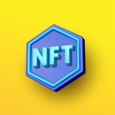 NFT karşılanamaz sembol, gerçekçi 3d nft simgesi. Poster, web sitesi, afiş, broşür, takvim, kart tasarımı. Şablon vektör dijital para birimi kavramı. NFT karşılanamaz mavi sikke.