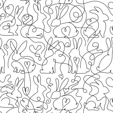 Bir çizgi tavşanları kusursuz şekilde çiziyor. Paskalya geçmişi. Duvar kâğıdı, ağ, çıkartma, bahar moda kumaşı, tekstil, bayram tebrik kartı veya Noel dekorasyonu için arka plan. Vektör illüstrasyonu
